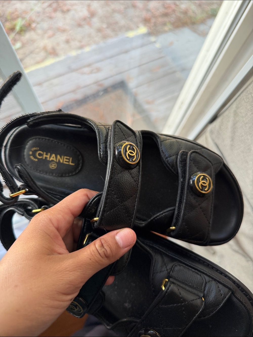 CHANEL Black Quilted Leather Velcro Logo Sandals with Gold CC - Picture 6 of 6